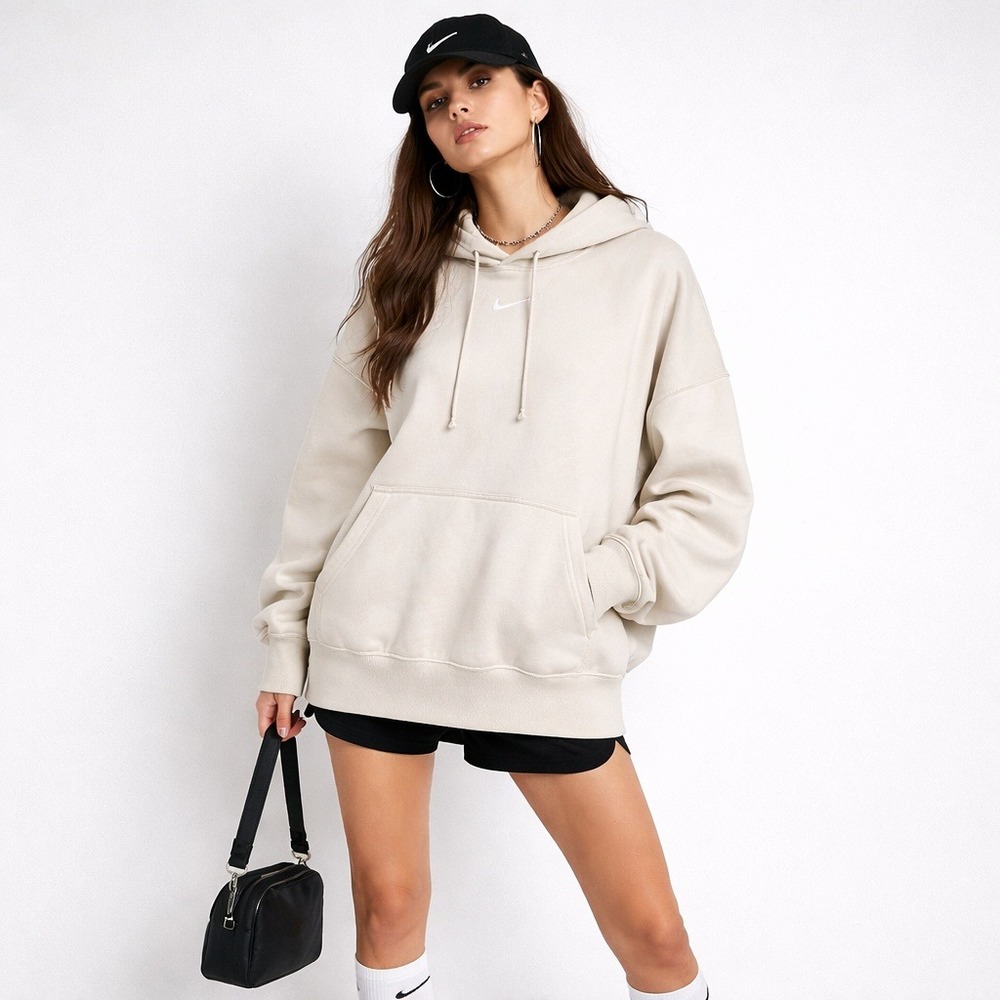 Nike Sweathshirt Hoodie Cream Swoosh Oversized Woman's Medium Blokecore Normcore